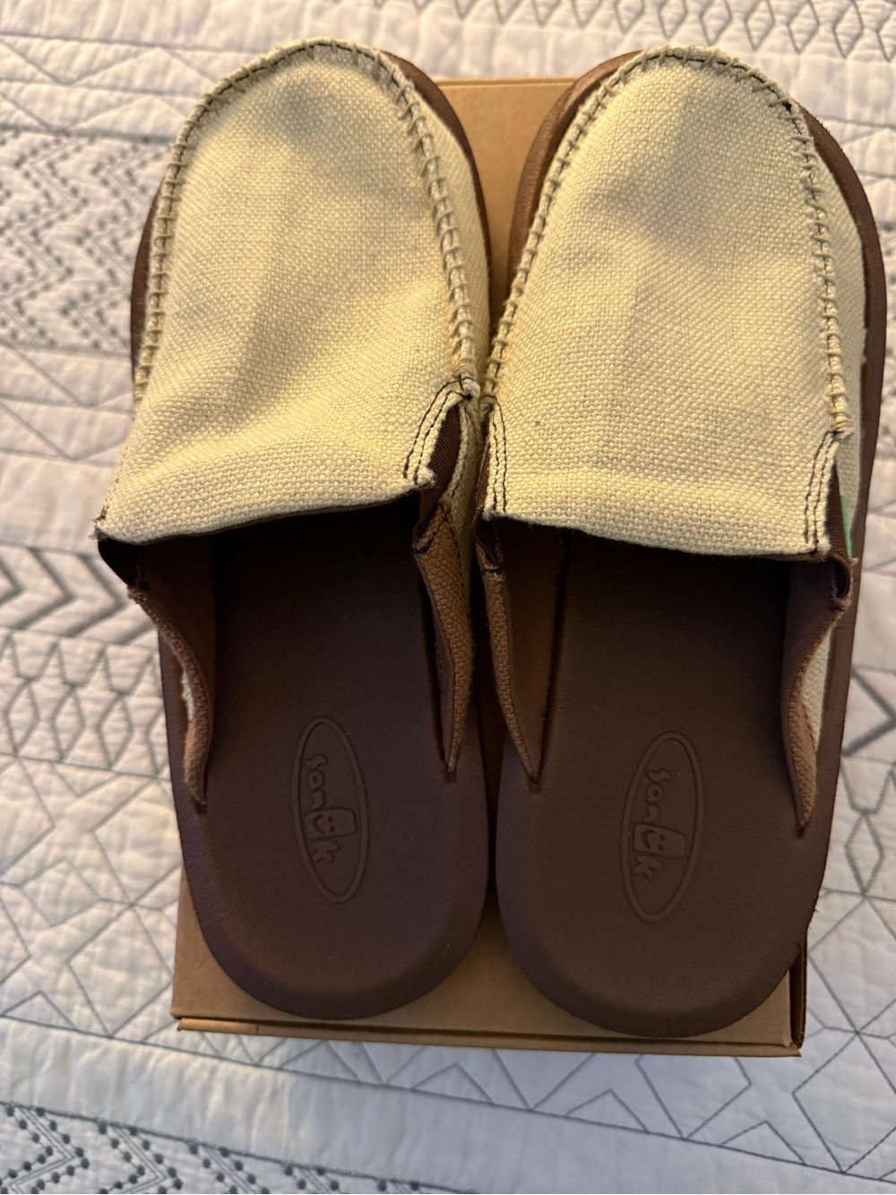 Sanuk Men’s Canvas Slip-On Loafers in Cream and Brown Footbed